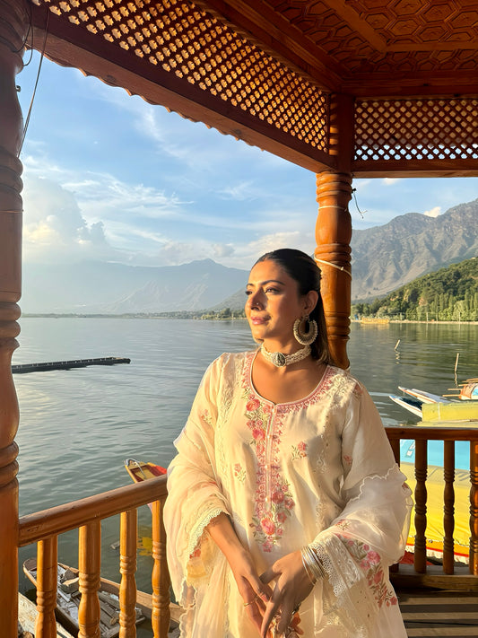 Shivangini Rathore in Nalini - Ivory White Chanderi Embroidered Suit Set.