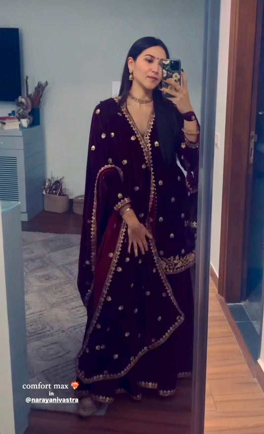 Sahiba Bali in DHUN - Velvet Maroon Sharara Set