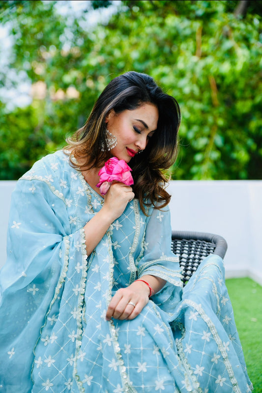 Anisha Sharma in Jashan - Blue Organza Anarkali Set.