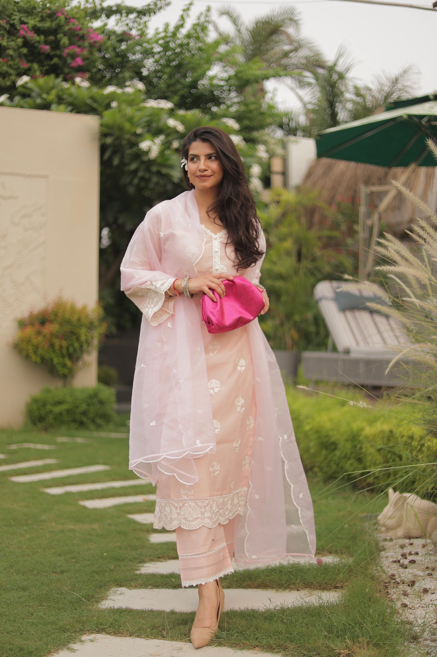 Dhirti Mehra in Gulmohar - Peach Embroidered Suit Set