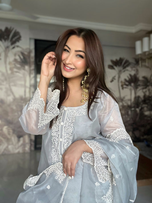 Anmol Bhatia in Silver Grey Chanderi Suit Set