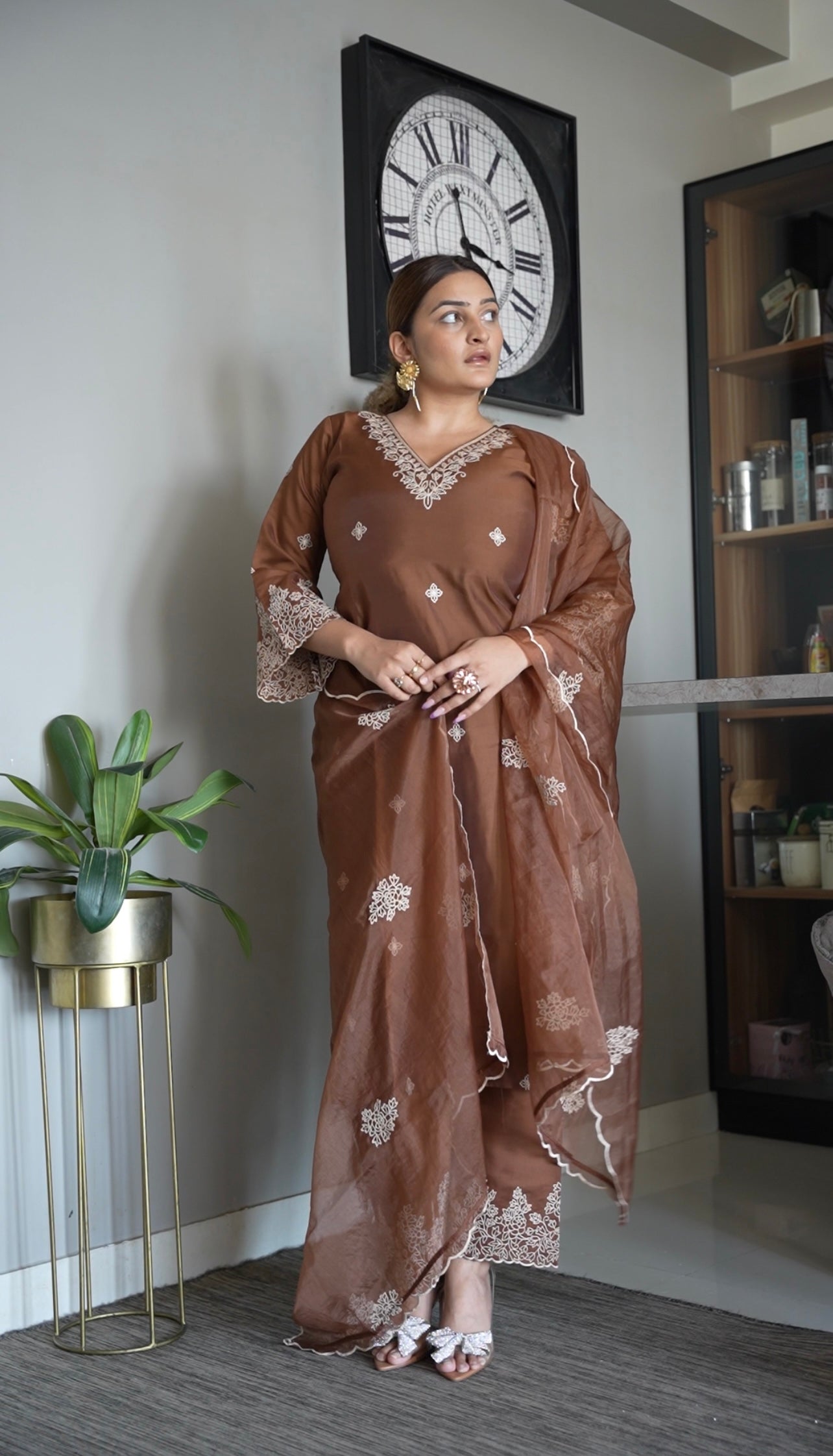 Sonali Malhotra in Walnut Brown Chanderi Silk Suit Set