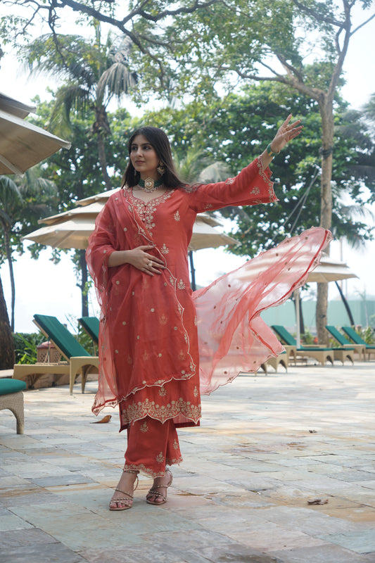 Kreesha in Rust Chanderi Suit Set