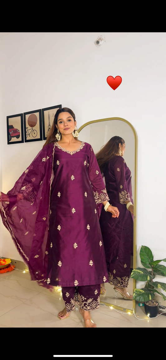 Hema Pandey in Khila - Wine Chanderi Embroidered Suit Set