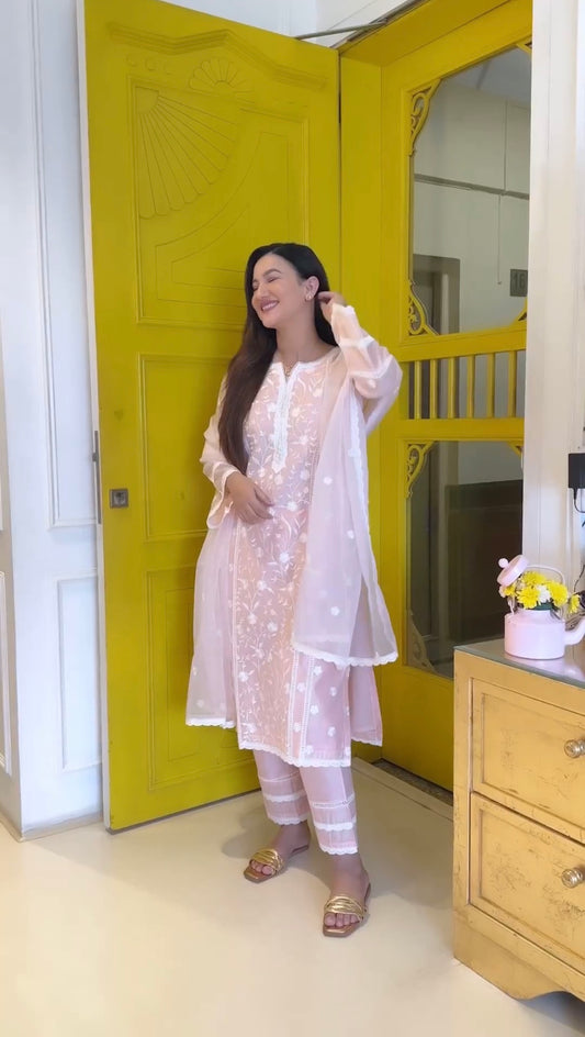 Gauahar Khan in Gulbagh - Peach Embroidered Suit Set.