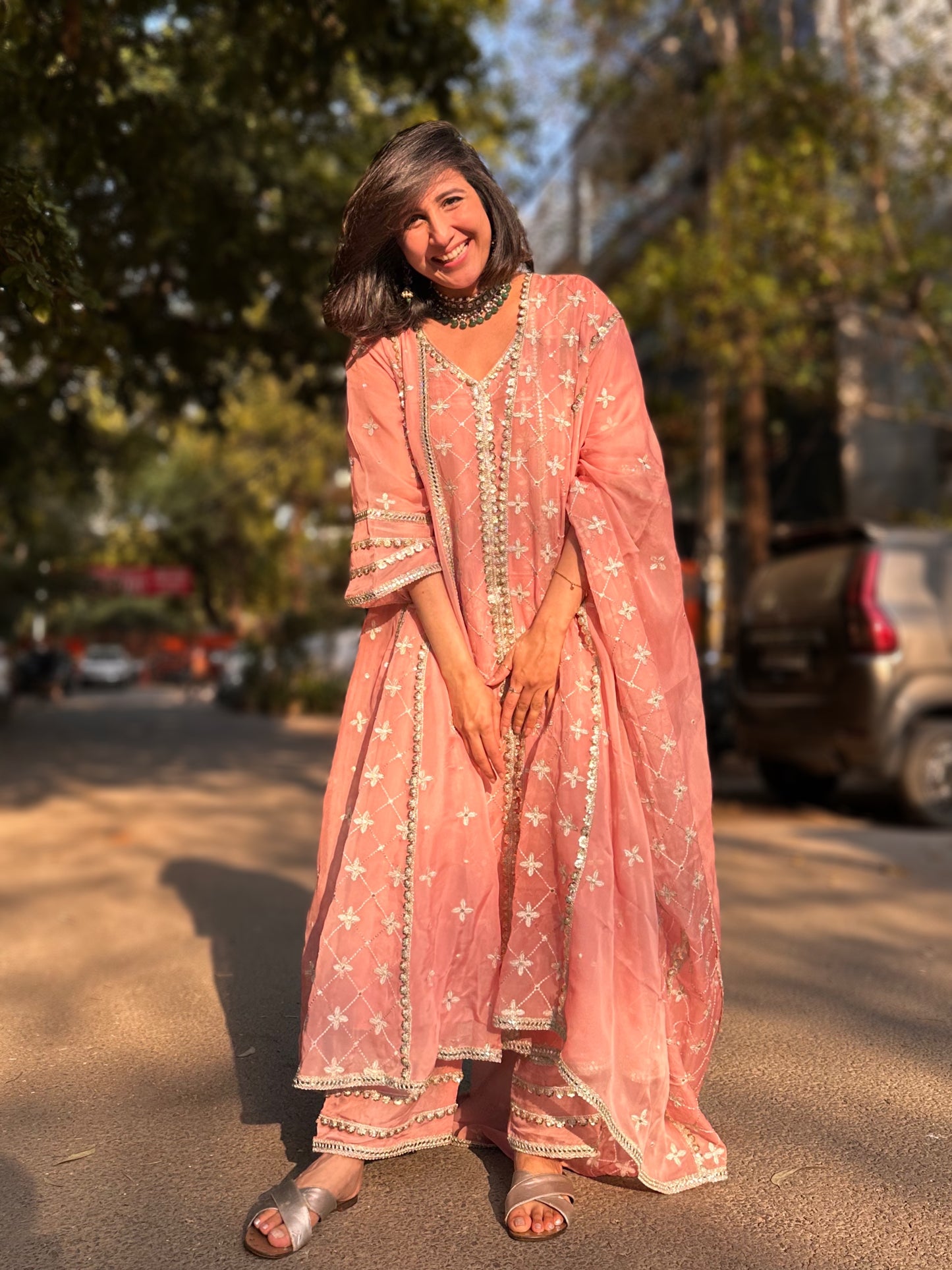 Kriti Vij in Sitara - Pink Organza Anarkali Set.