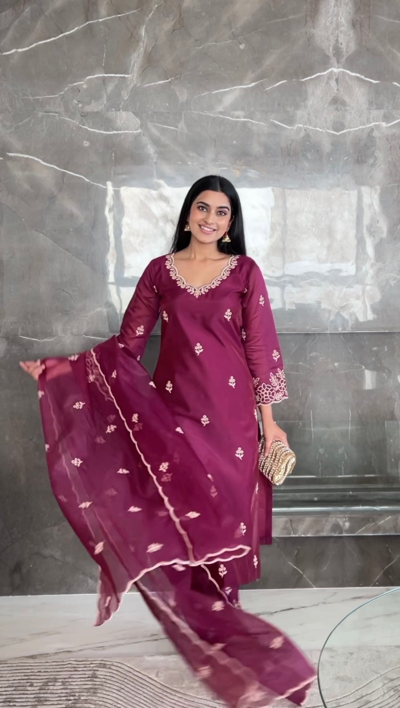 Bhavdeep Kaur in Khila - Wine Chanderi Embroidered Suit Set
