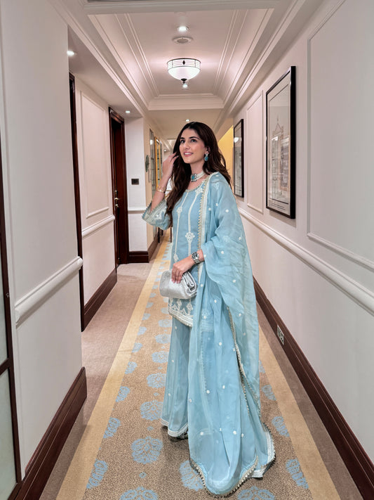 Meher Taluja in Chandani - Blue Organza Sharara Set.