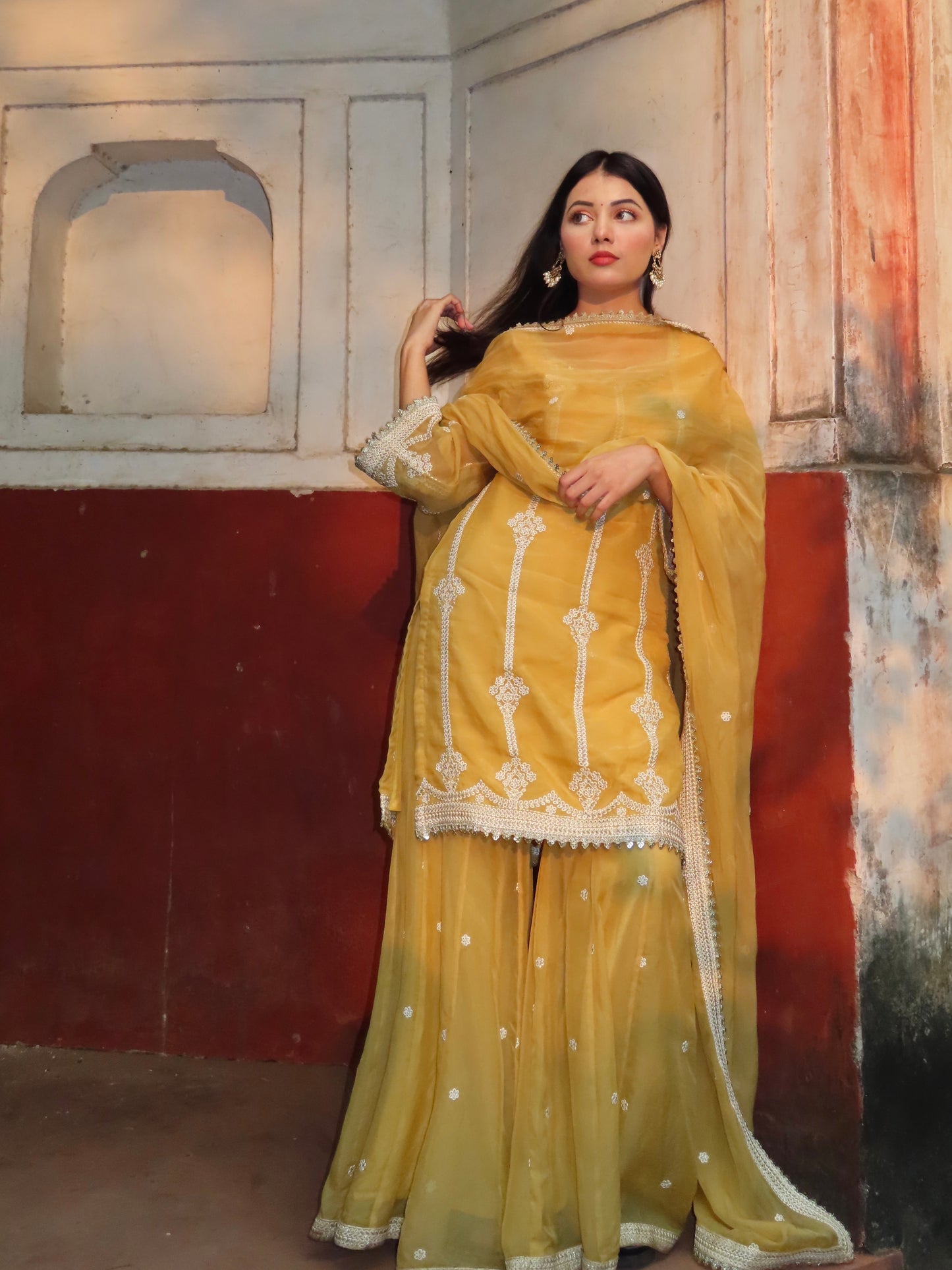 Nikita Bagri in Nazneen - Yellow Organza Sharara Set.