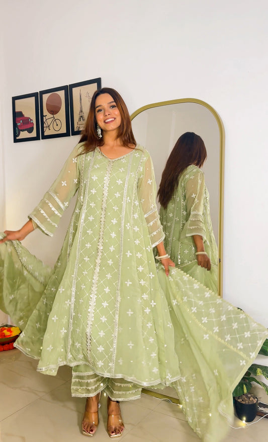 Hema Pandey in Chamak - Green Organza Anarkali Set.