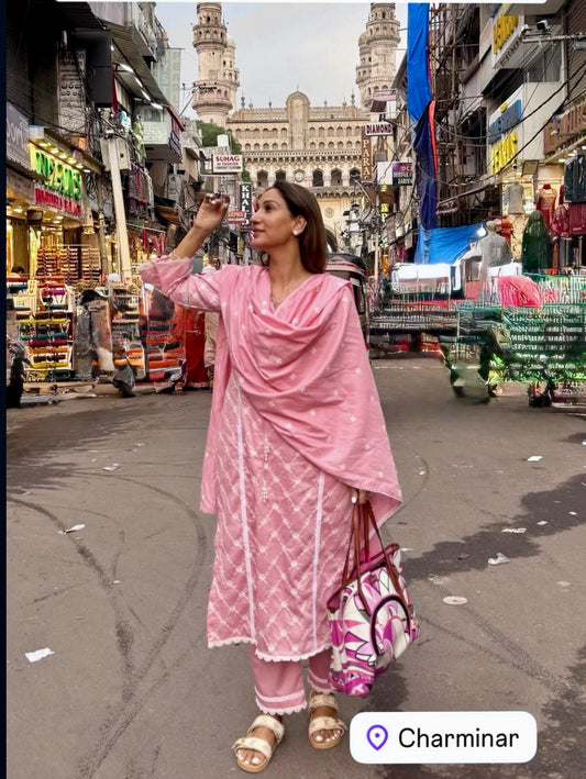 Harpreet Suri (@momwearsprada) in AMBER - Pink Cotton Suit Set
