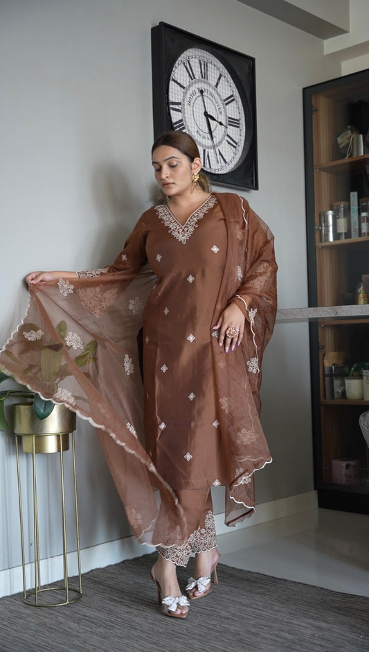 Sonali Malhotra in Walnut Brown Chanderi Silk Suit Set