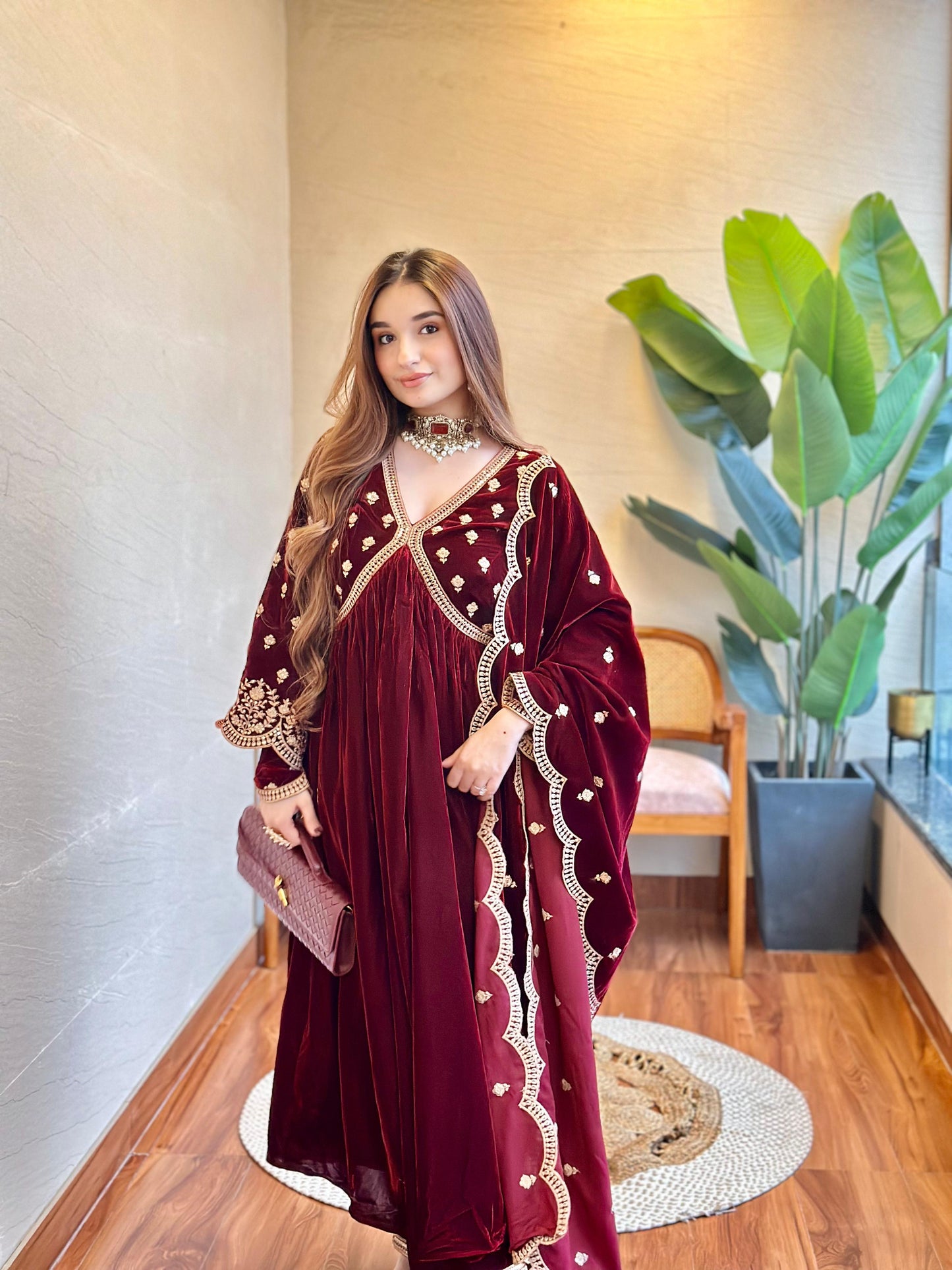 Tanya Sharma (@whattanyawore) in ANTARA - Velvet Maroon Anarkali Set