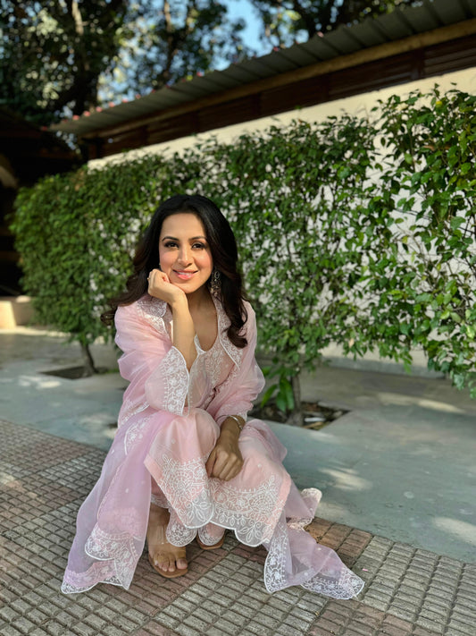 Diksha Juneja in Kamal - Peach Embroidered Suit Set.