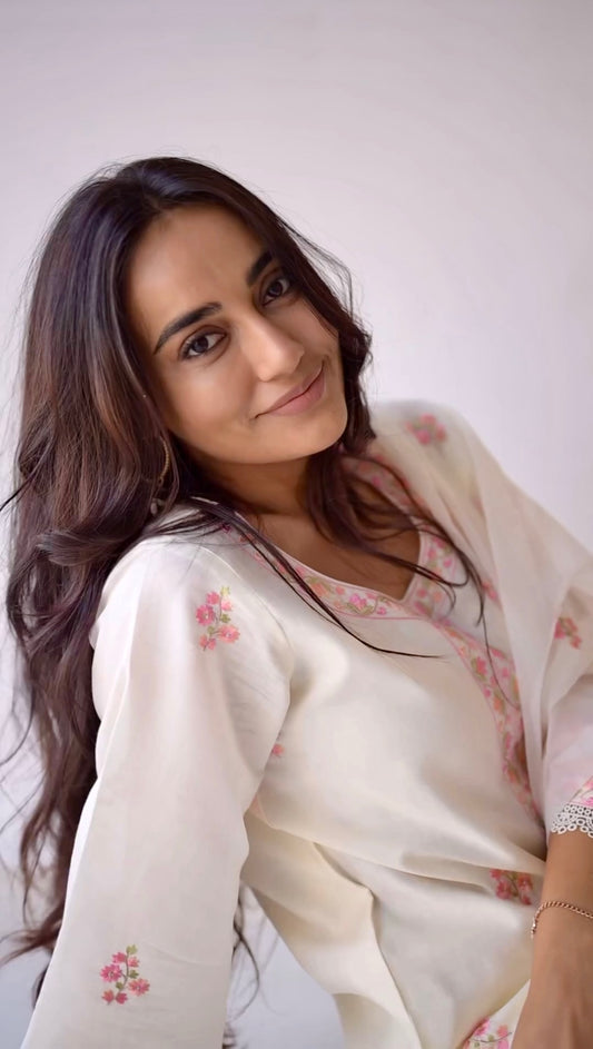 Surbhi Jyoti in Gul-Khera - Ivory White Chanderi Embroidered Suit Set.