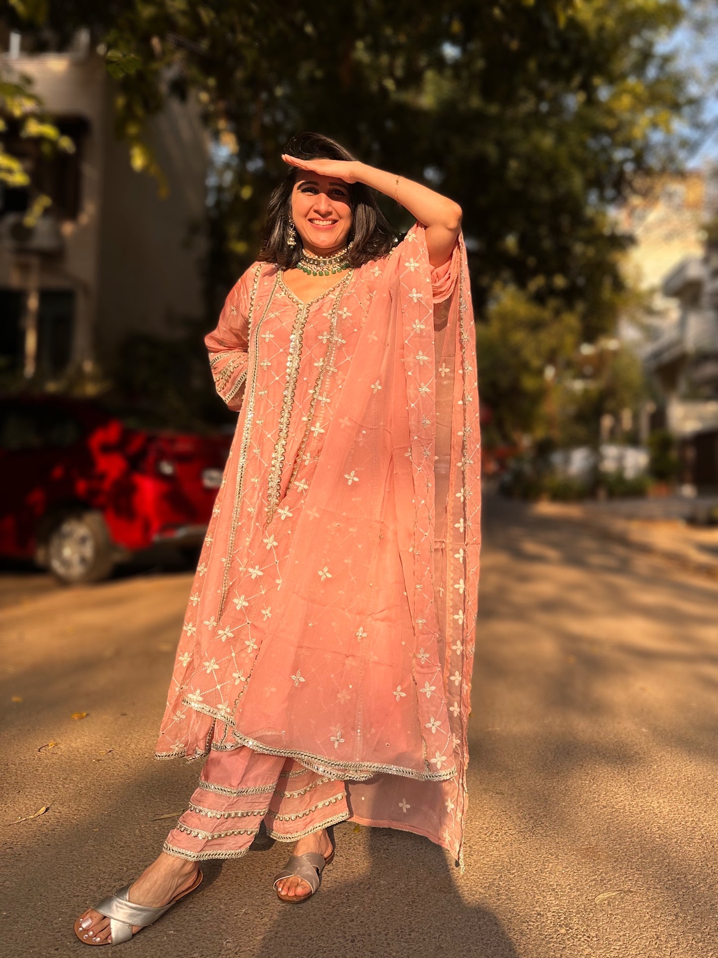 Kriti Vij in Sitara - Pink Organza Anarkali Set.