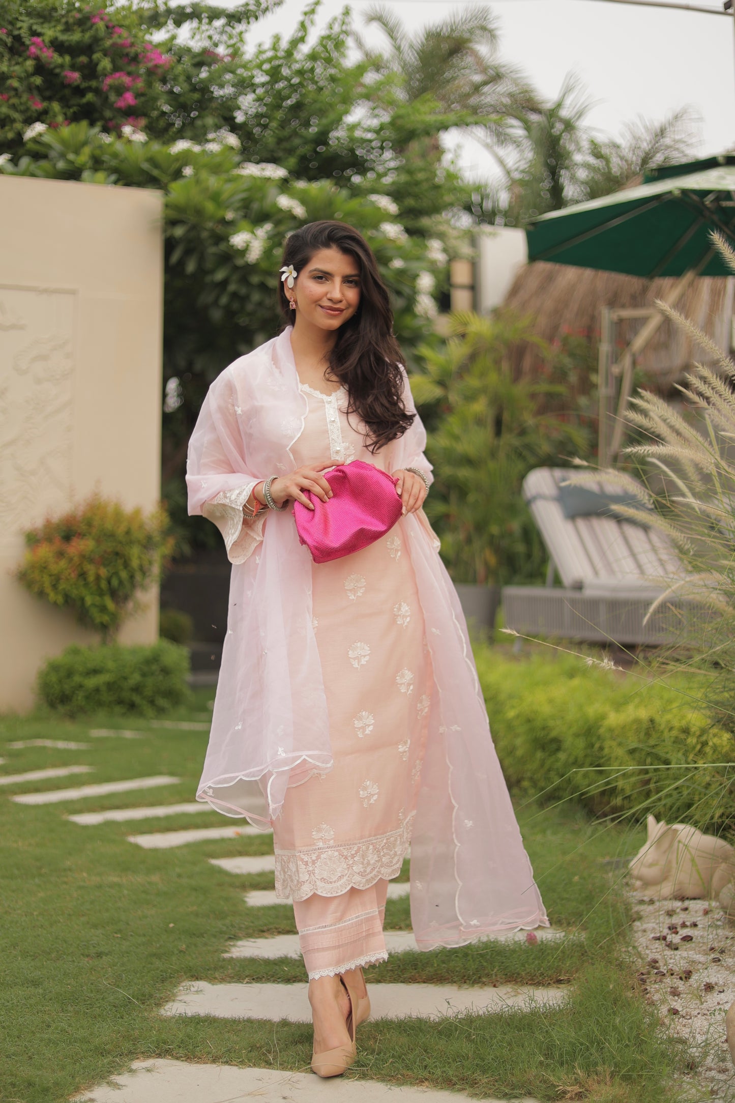 Dhirti Mehra in Gulmohar - Peach Embroidered Suit Set