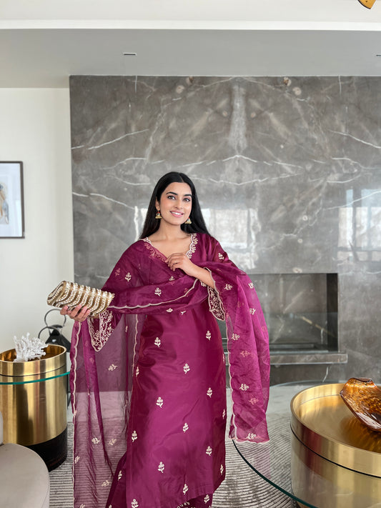 Bhavdeep Kaur in Khila - Wine Chanderi Embroidered Suit Set