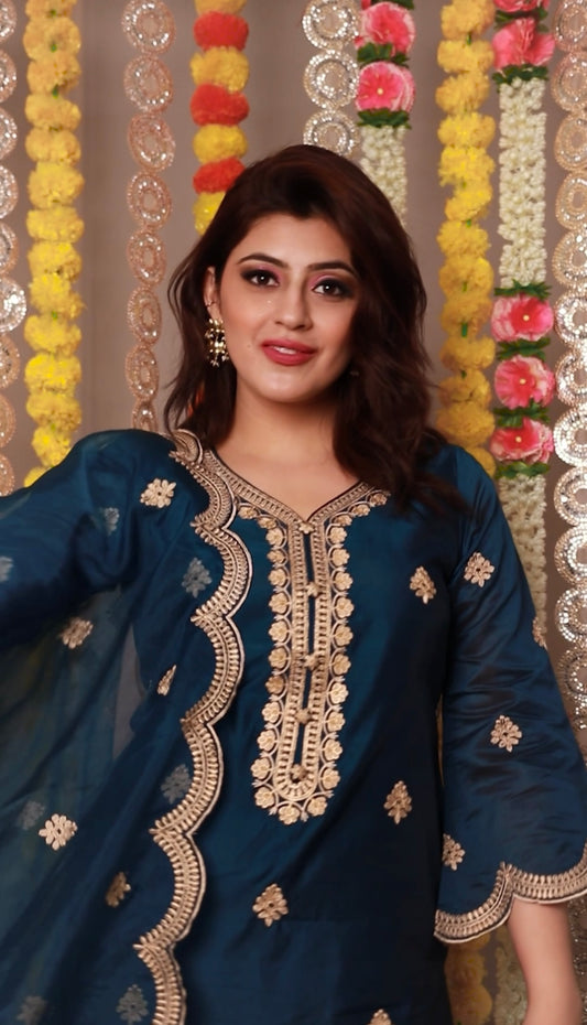 Saloni Sehra in Gul- Blue Embroidered Chanderi Suit Set