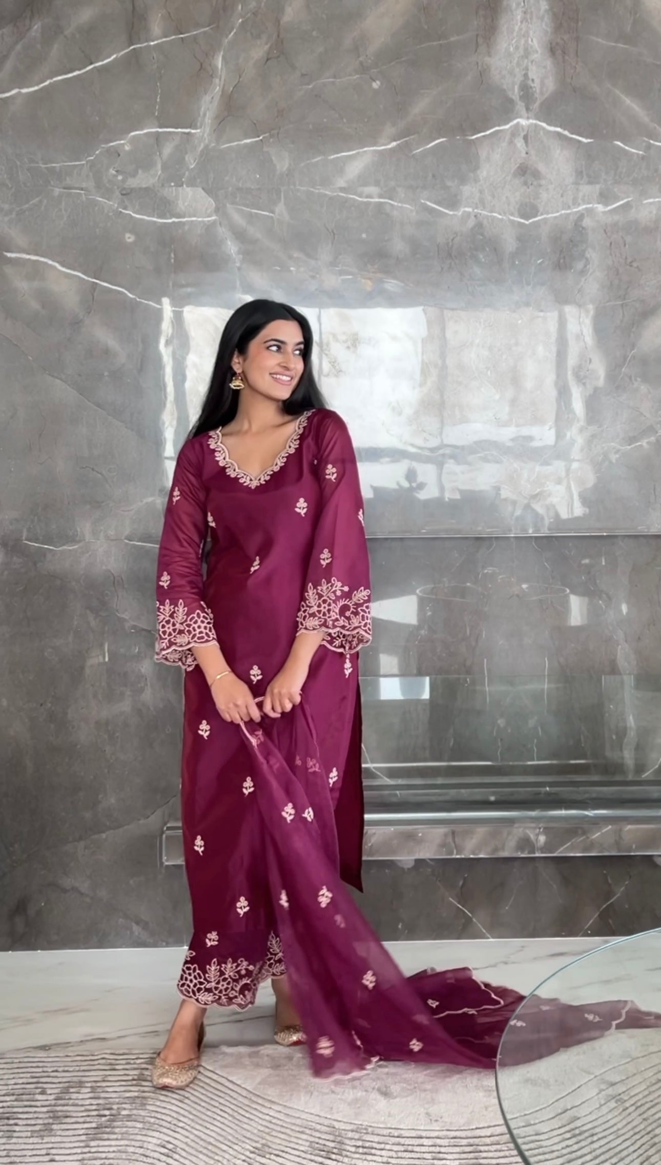 Bhavdeep Kaur in Khila - Wine Chanderi Embroidered Suit Set