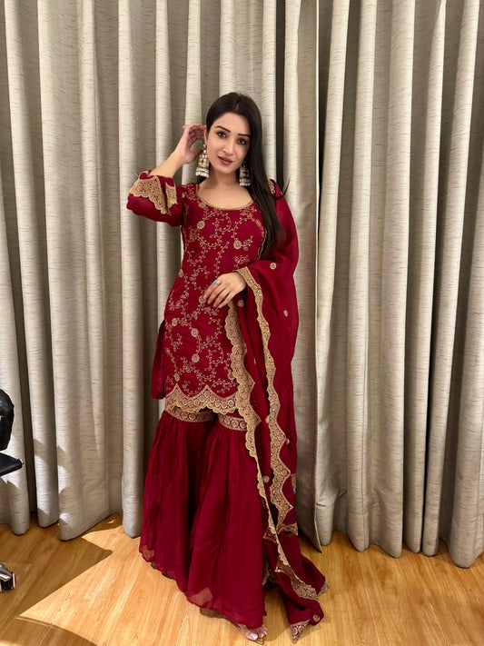 Shefali Bagga in Sunehri Maroon Sharara Set