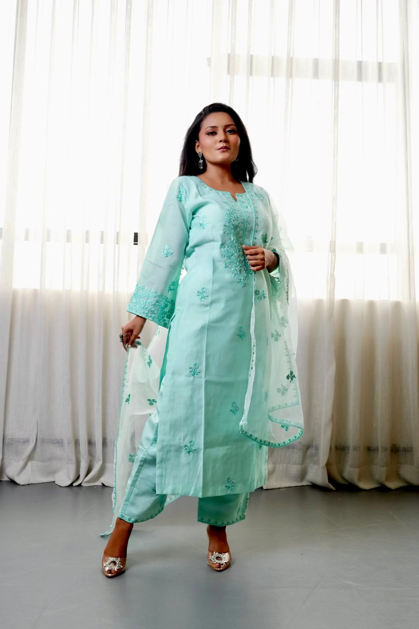 Manali Gandhi in AYRA - Sea Green Chanderi Suit Set