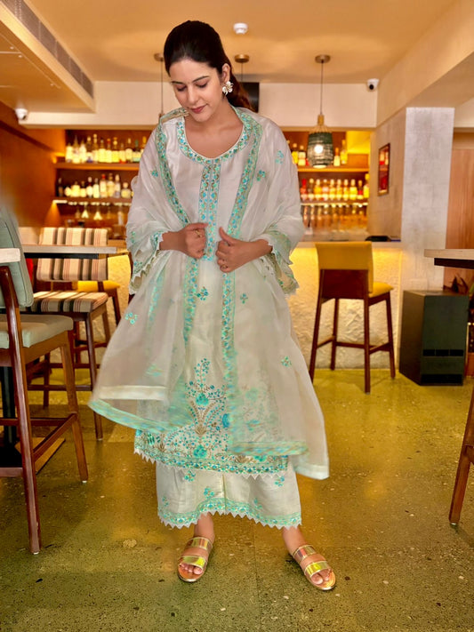 Salonie Patel in Asoniya - Ivory White Chanderi Embroidered Suit Set.