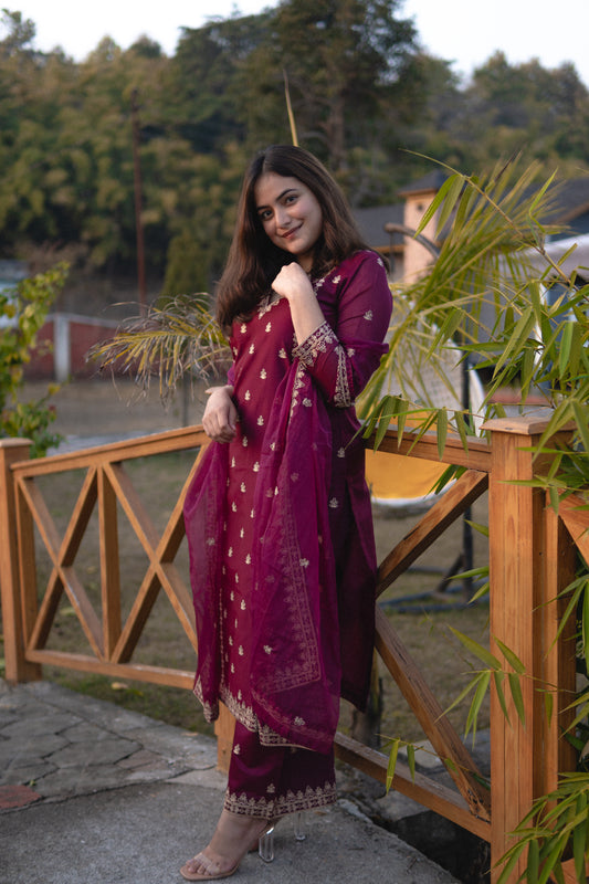 Shreyashi  Verma in Khushnir - Wine Chanderi Embroidered Suit Set
