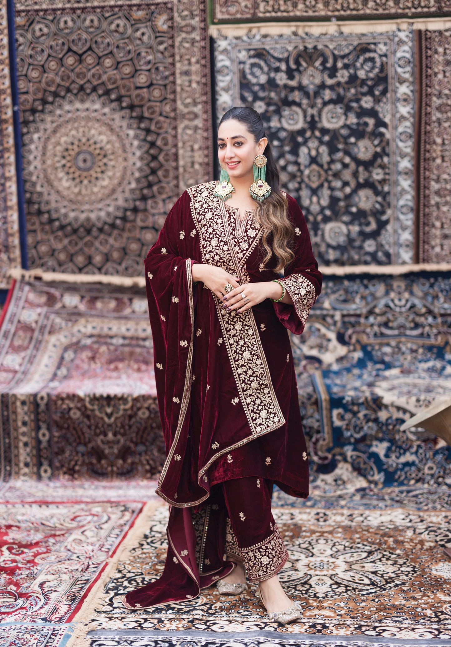 Shiana Kothari in SAAZ - Velvet Maroon Straight Suit Set.