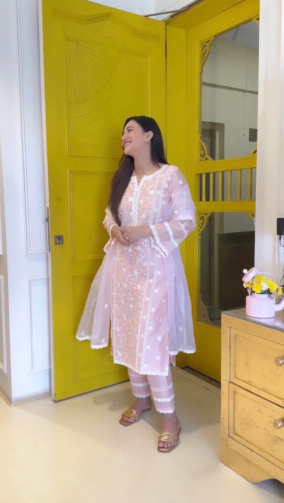 Gauahar Khan in Gulbagh - Peach Embroidered Suit Set.