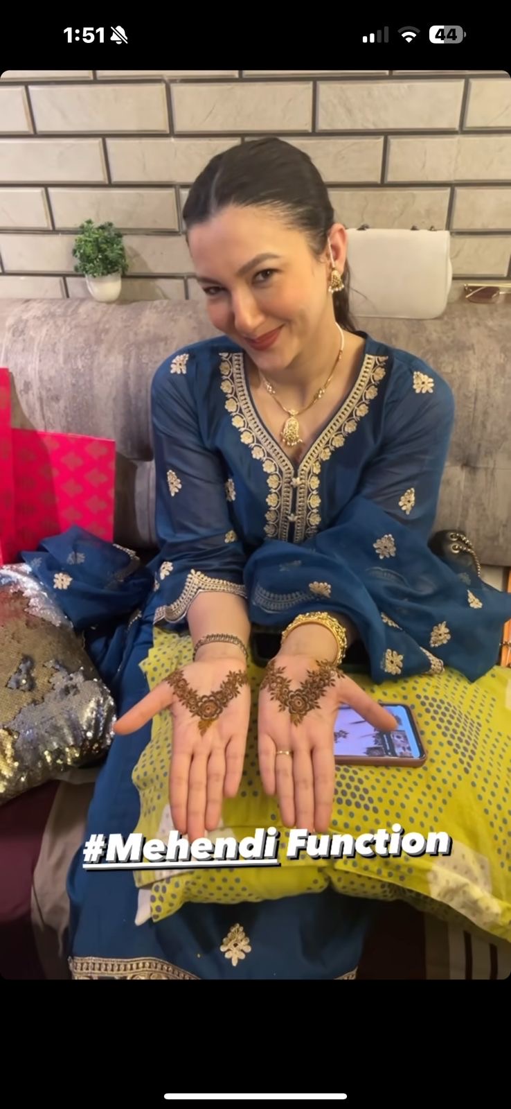Gauahar Khan in Gul- Blue Embroidered Chanderi Suit Set