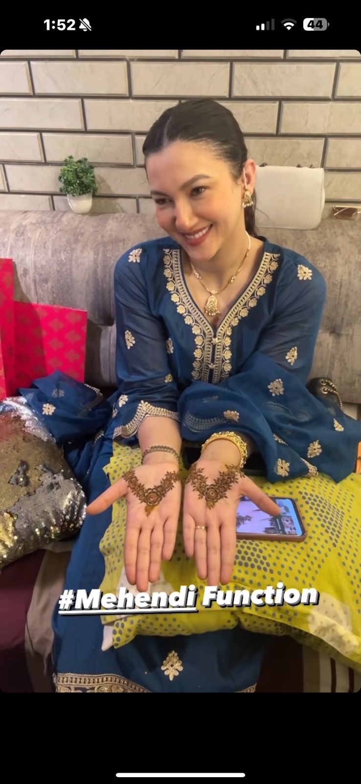 Gauahar Khan in Gul- Blue Embroidered Chanderi Suit Set