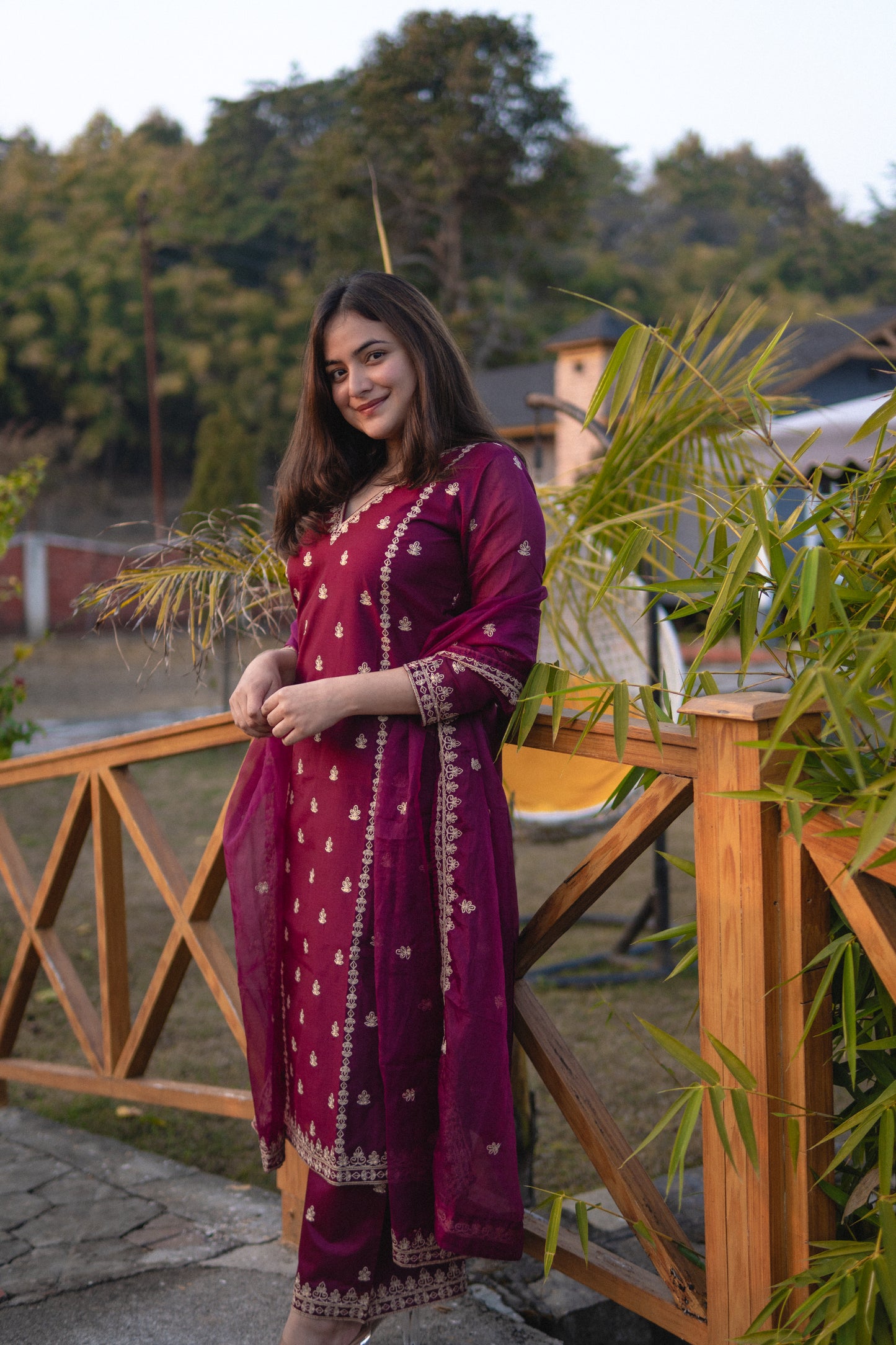 Shreyashi Verma in Khushnir - Wine Chanderi Embroidered Suit Set