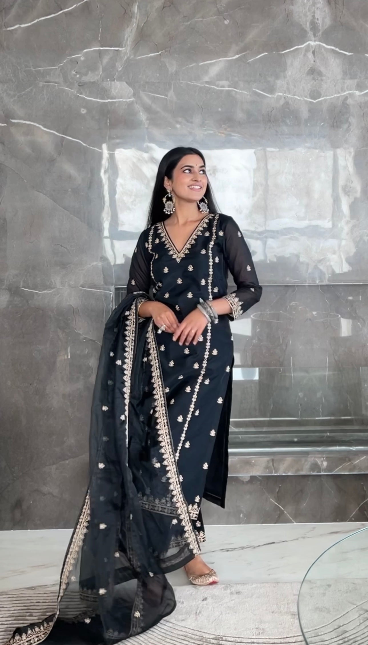 Bhavdeep Kaur in Fannah - Black Chanderi Embroidered Suit Set