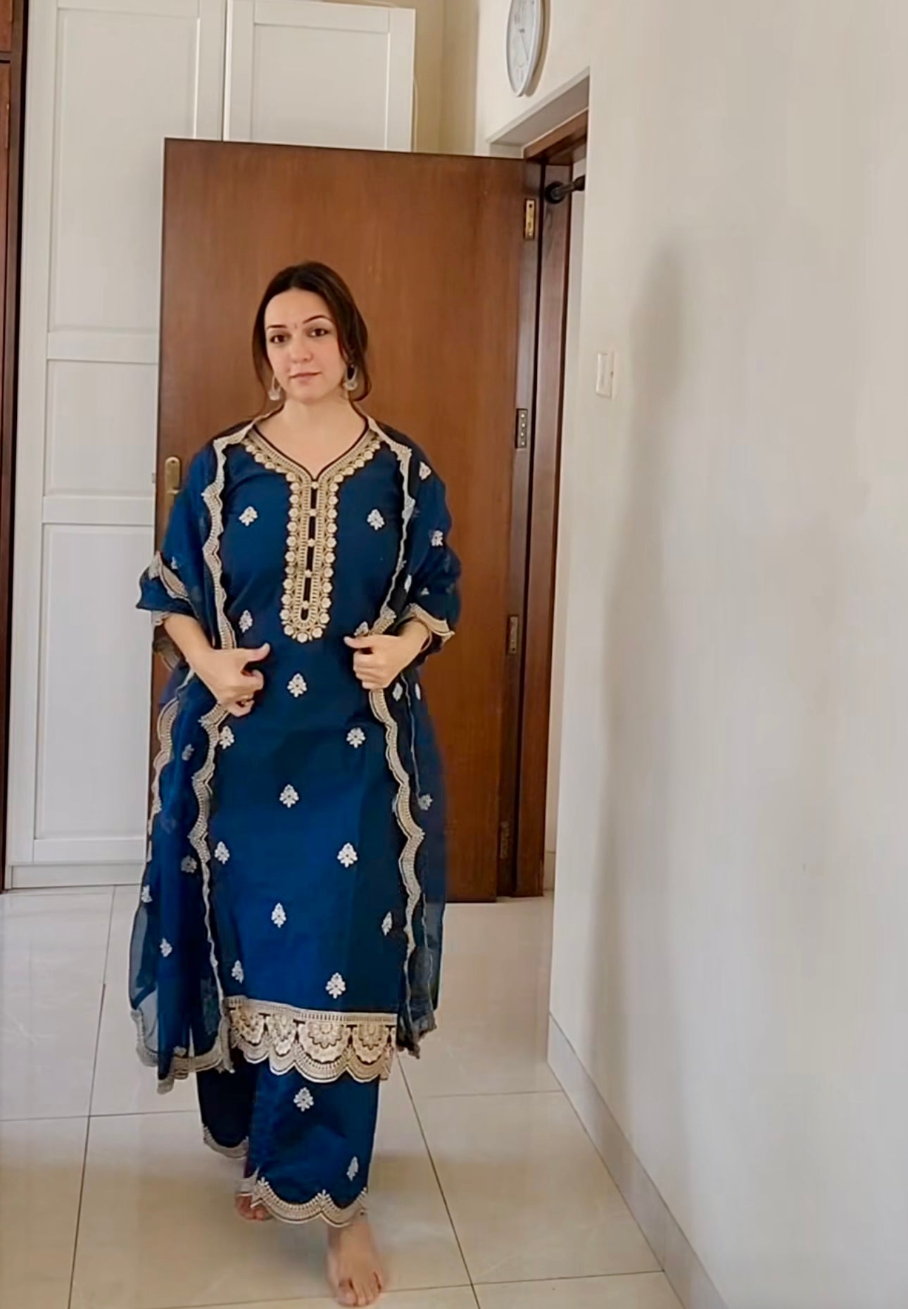 Nauheed Cyrusi in Gul- Blue Embroidered Chanderi Suit Set