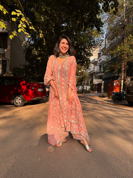 Kriti Vij in Sitara - Pink Organza Anarkali Set.