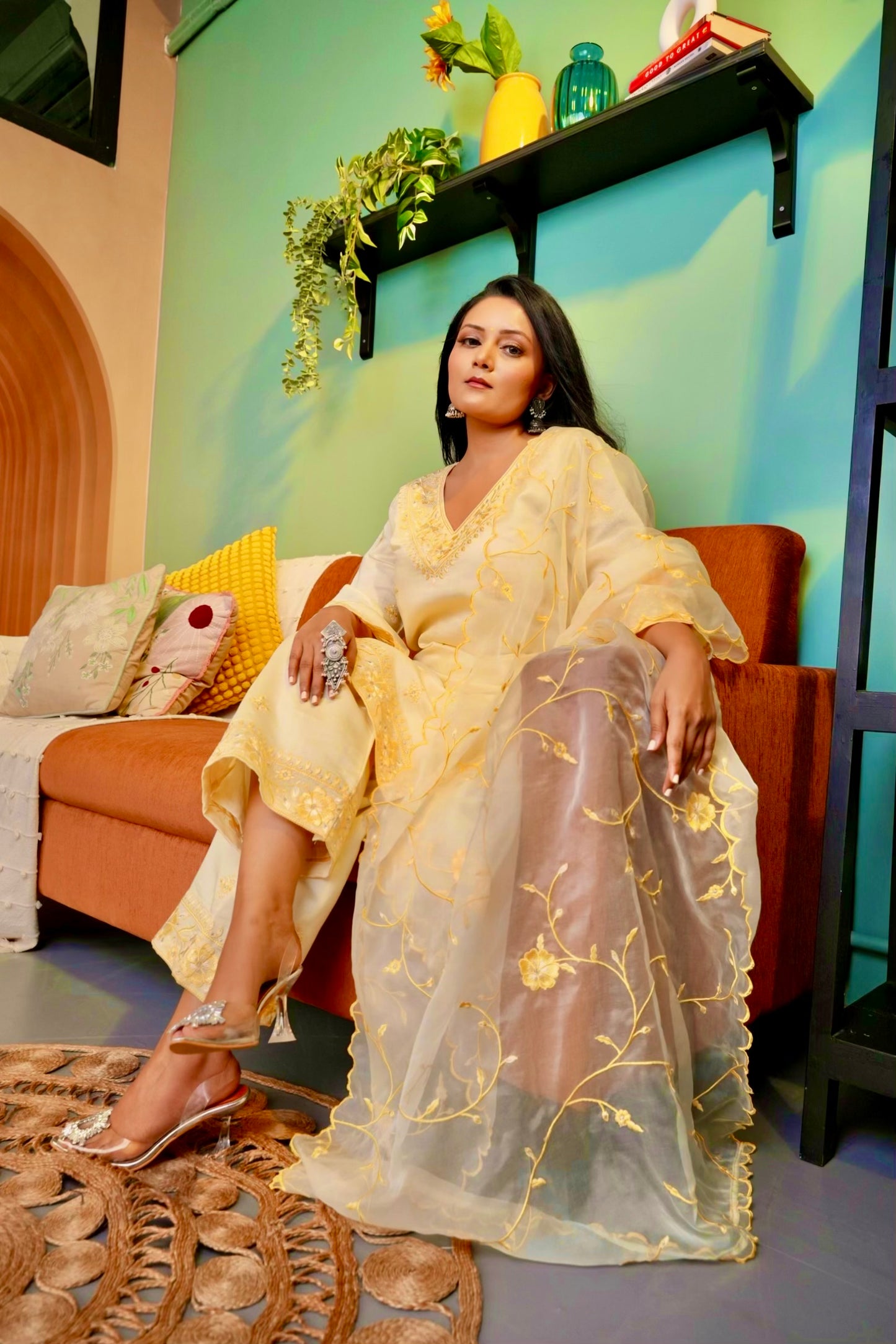 Manali Gandhi in TRISHNA - Lime Yellow Chanderi Suit Set