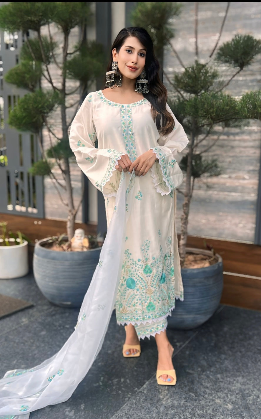 Pallavi Goel in Asoniya - Ivory White Chanderi Embroidered Suit Set.