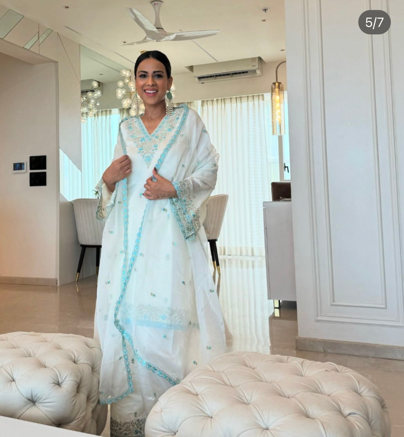 Nia Sharma in Banafsha - Ivory White Chanderi Embroidered Suit Set