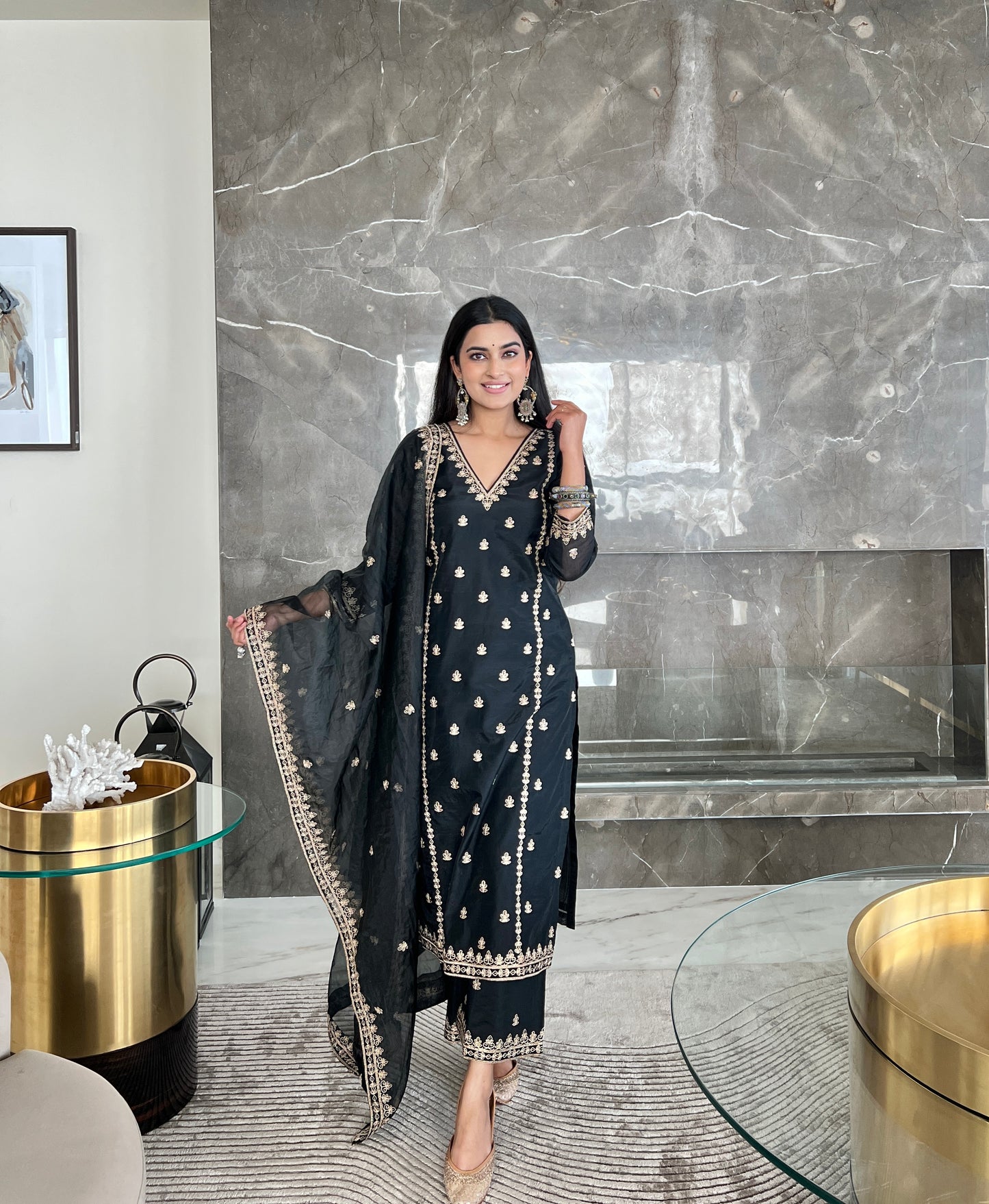 Bhavdeep Kaur in Fannah - Black Chanderi Embroidered Suit Set