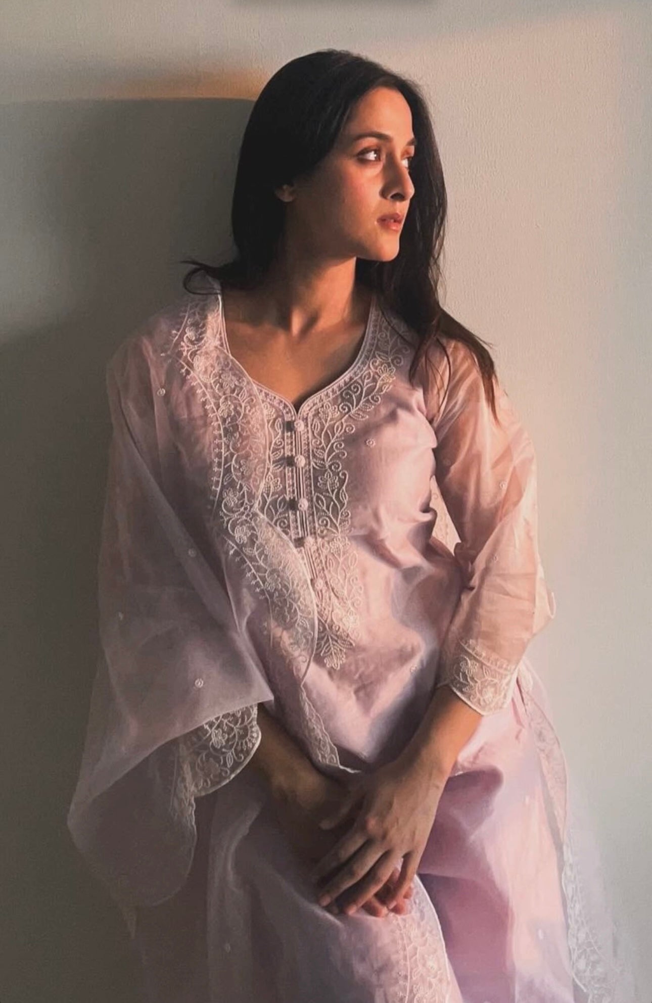 Arushi Sharma in Kesar - Lavender Embroidered Suit Set.