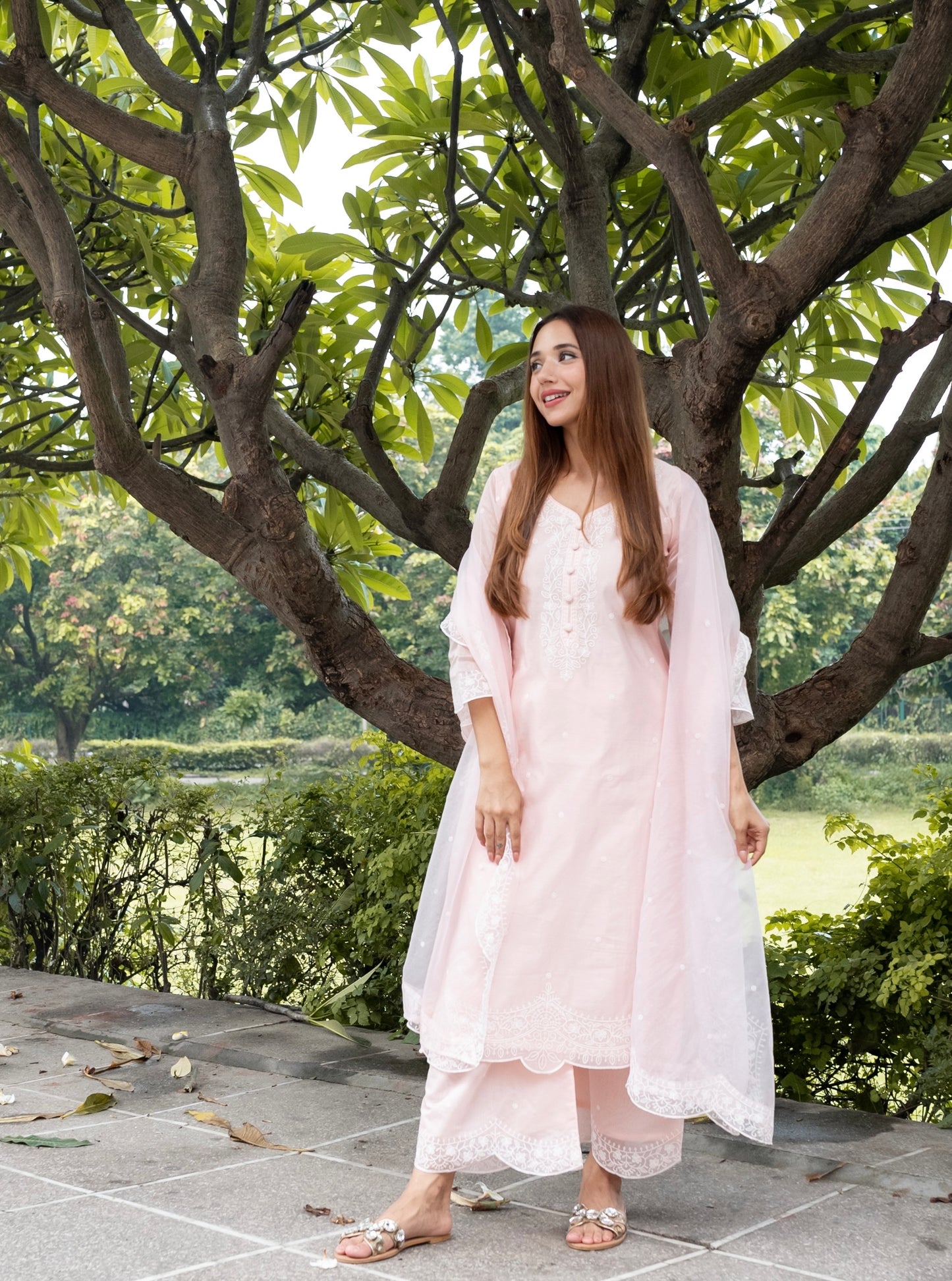 Ria Malhotra in Kamal - Peach Chanderi Embroidered Suit Set.