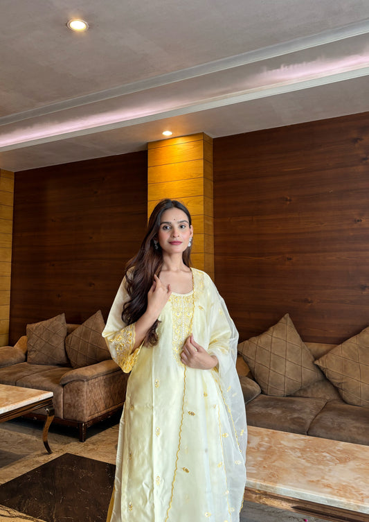 APOORVA SHARMA in TARINI - Lime Yellow Chanderi Suit Set