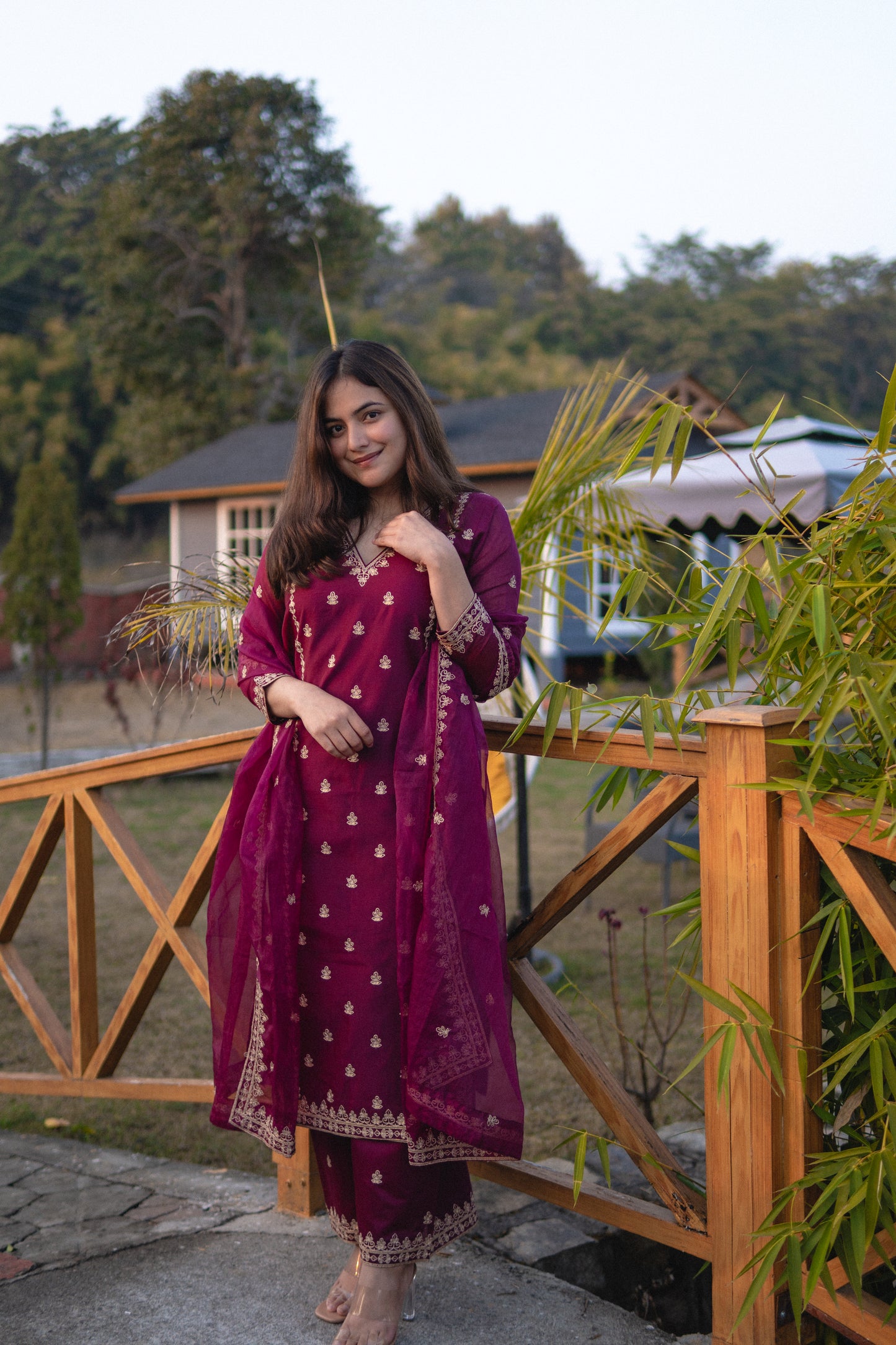 Shreyashi Verma in Khushnir - Wine Chanderi Embroidered Suit Set