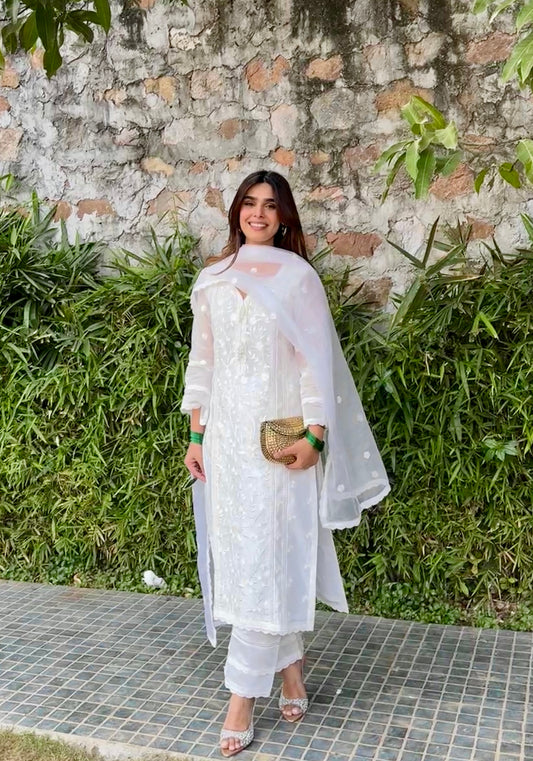Ishika Bana in Motiya - Egg White Embroidered Suit Set.