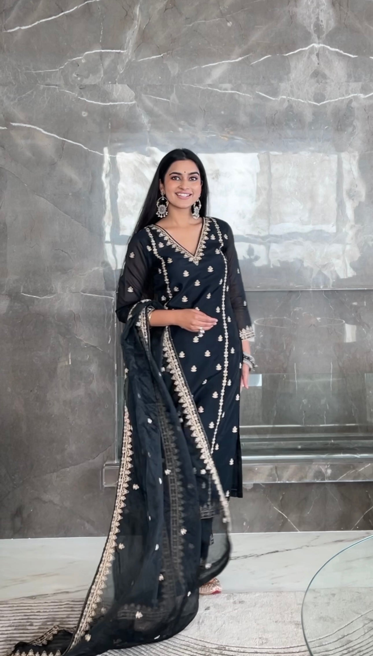 Bhavdeep Kaur in Fannah - Black Chanderi Embroidered Suit Set
