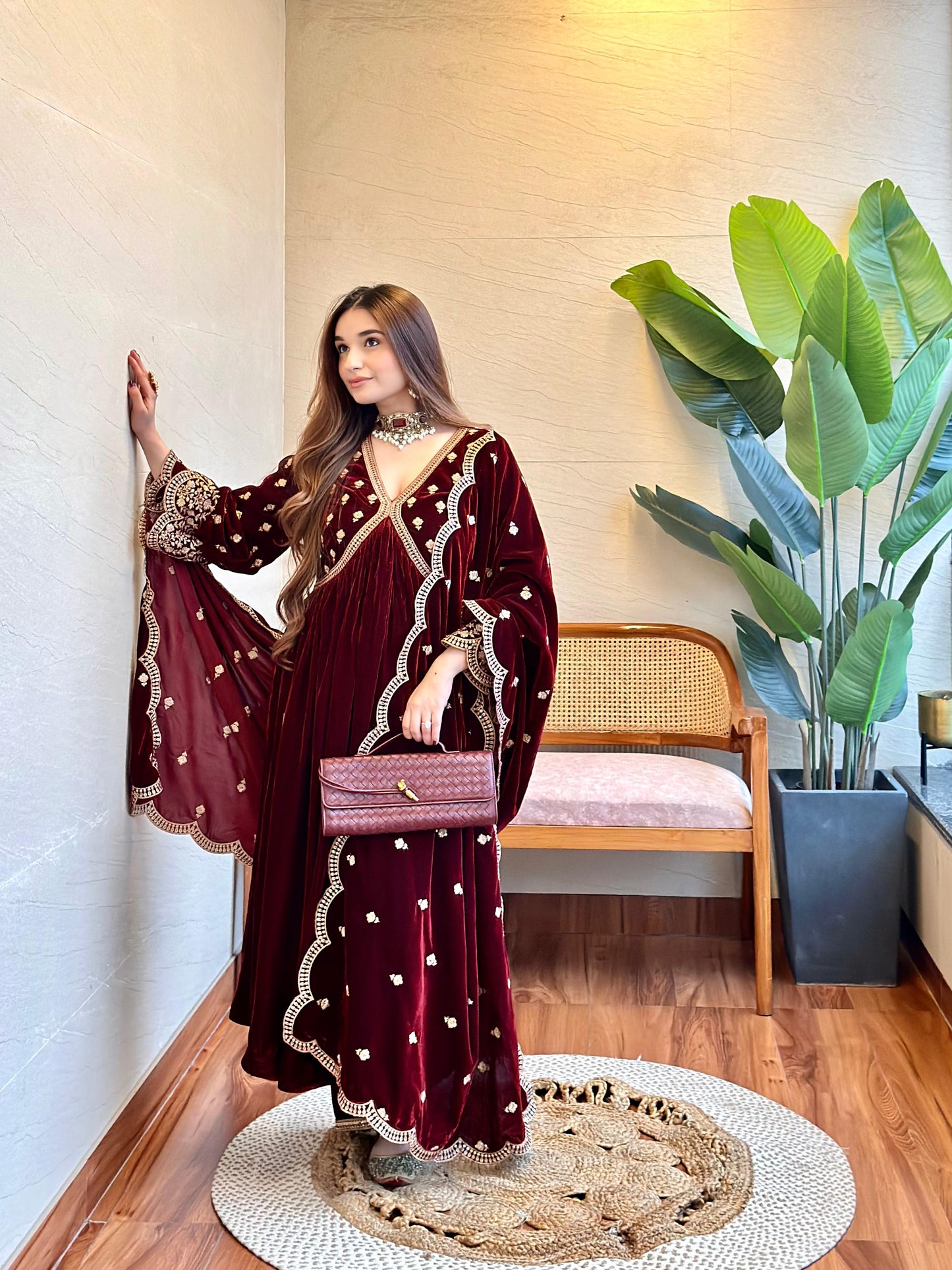 Tanya Sharma (@whattanyawore) in ANTARA - Velvet Maroon Anarkali Set