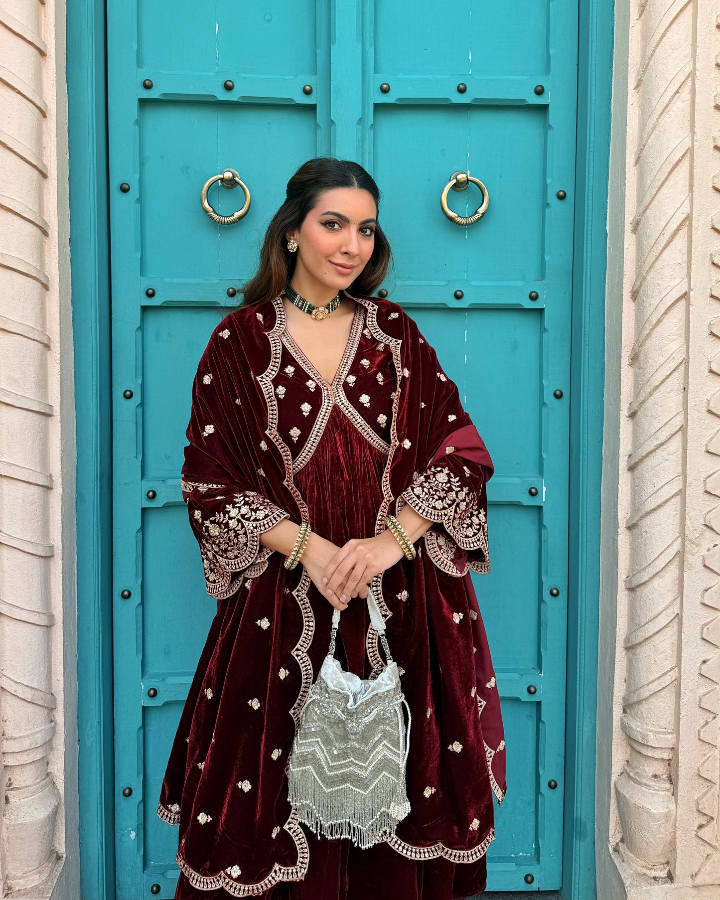 Niki Mehra (@nikimehra) ANTARA - Velvet Maroon Anarkali Set