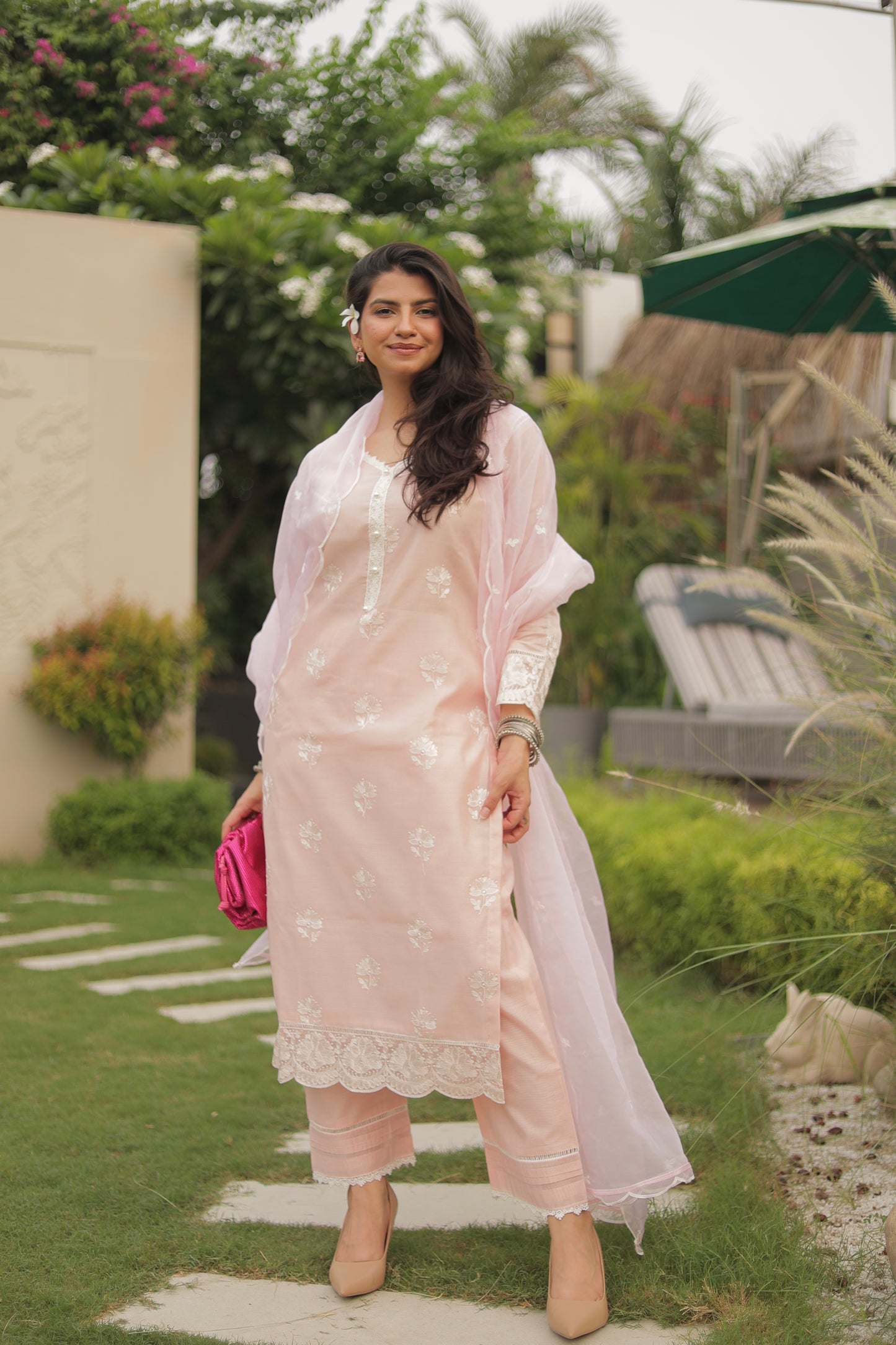 Dhirti Mehra in Gulmohar - Peach Embroidered Suit Set