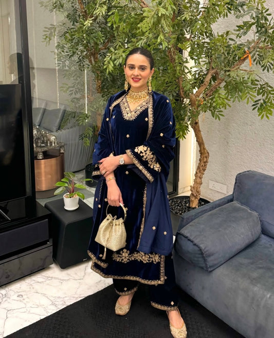 Aashi Jain in ROOHI - Velvet Blue Straight Suit Set